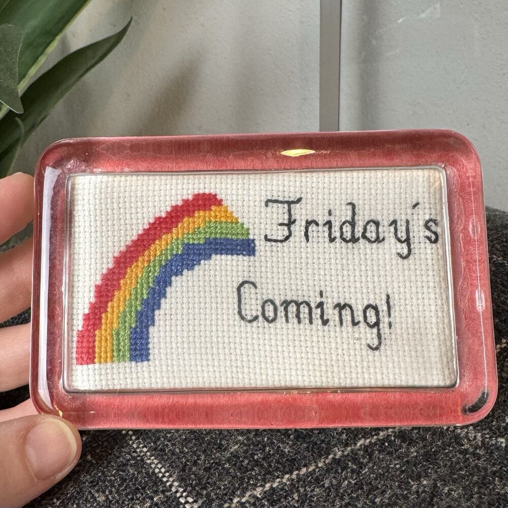 Vintage Needlepoint Paperweight "Friday's Coming" Glass Cottagecore Wholesome